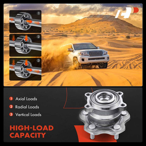 Rear Wheel Bearing And Hub Assembly 5 Lug For Nissan And Infiniti Front Wheel Drive Vehicles Fits Altima, Pathfinder, Maxima, Murano, QX60 And JX35 From 2007 Through 2025 With Durable Bearings, Quiet Operation, And Easy Install shown in a high-load capacity demonstration with a vehicle on desert terrain
