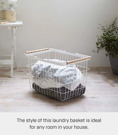 Tosca Laundry Basket With Wooden Handles Medium 11 Inch Steel And Wood Durable Rectangular Laundry Hamper with clothes inside