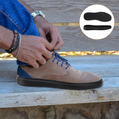 Man tying shoe with installed Full Soles Rubber Replacement For Sneakers And DIY Shoes Wear Resistant With Raised Grain Non Slip Pad