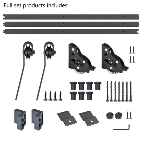 10Ft Sliding Library Ladder Hardware Kit For Home Office With Bottom Wheels And Brakes, 300 Lb Max Load, Complete Track And Wall Connector Set, Ladder Not Included, components laid out.