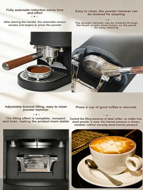 Bottomless Hassle Automatic Coffee Tamper Electric Espresso Press 58mm With Adjustable Pressure 5 To 30kg Flat Base in use.