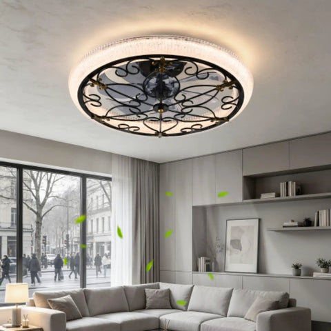 Arranmorelighting Caged Ceiling Fan with Lights Remote Control (#3) in a modern living room with elegant design.