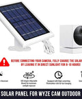 Wyze Cam Outdoor Solar Panel 3 Pack White, 2W 5V Charging Keeps Your Outdoor Surveillance Camera Going Nonstop displayed with features.