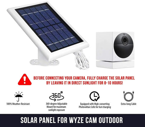 Wyze Cam Outdoor Solar Panel 3 Pack White, 2W 5V Charging Keeps Your Outdoor Surveillance Camera Going Nonstop displayed with features.