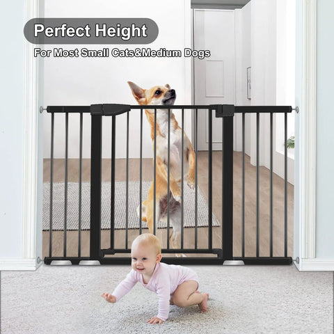 Extra Wide Baby Gate For Stairs And Doorways From 29.93 To 51.5 Inches Auto Close Safe Gate For Kids And Pets in use, dog and baby nearby