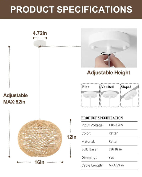 Mgcanyu 16in Rattan Pendant Light, Boho Wicker Hanging Lamp for Dining Room with adjustable height and rattan shade.