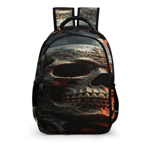 Midnight Skull And Crow Print Backpack For Men And Women showing front view, large capacity daypack, durable polyester, smooth zipper