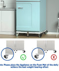 Beefy Heavy-Duty All Steel Fridge Stand With Wheels Mobile Base under a light blue fridge next to kitchen counter.