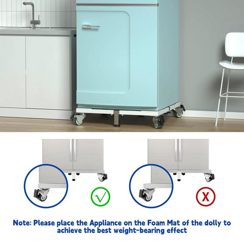 Beefy Heavy-Duty All Steel Fridge Stand With Wheels Mobile Base under a light blue fridge next to kitchen counter.