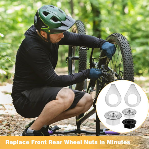 Man using All In One Bike Axle Nuts And Safety Washers Kit 24 Pack M8, M9.5, M10 Sizes Front And Rear Wheel Hub Nuts