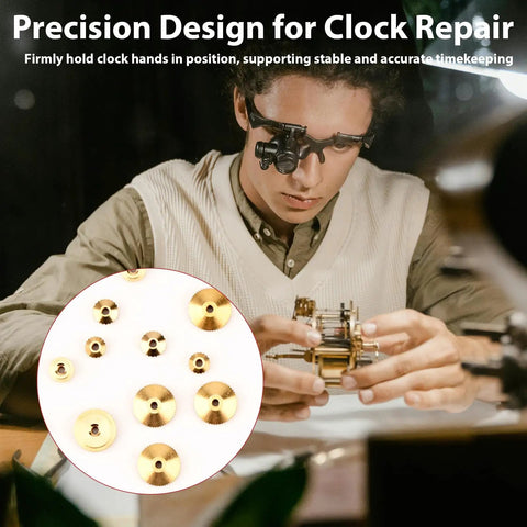 Brass Clock Hand Nuts Set, 15 Pieces, Three Sizes 5mm 6mm 10mm OD, Replacement Hardware for precision clock repairs.
