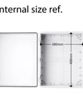 Outdoor IP67 Weatherproof Junction Box Enclosure With Hinged Gray Cover, showing open interior dimensions of 380mm by 488mm