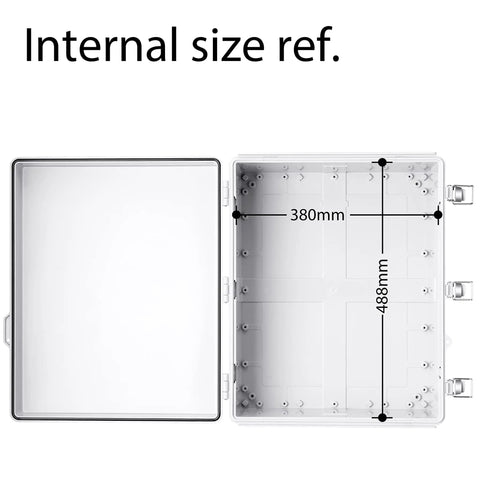 Outdoor IP67 Weatherproof Junction Box Enclosure With Hinged Gray Cover, showing open interior dimensions of 380mm by 488mm