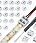 25 Pack Solderless 2 Pin LED Tape Light Connectors Screw Down Terminal Block Tape To Wire For 5V 12V 24V White Single Color Strip Lights 8mm High Current Up To 6A displayed with LED strip and screwdriver
