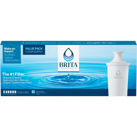 Brita standard pitcher water filter box, blue packaging, six filters included.
