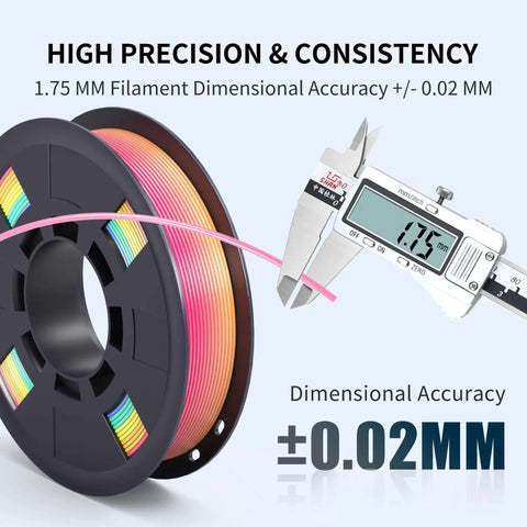 Shiny Rainbow PLA Filament Bundle For 3D Printing, 1.75mm spool measured with caliper for high precision and consistent accuracy.