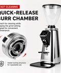 Real Deal 64Mm Stainless Steel Flat Burr Coffee Grinder With 750G Clear Hopper And Digital Display for easy burr chamber cleaning.