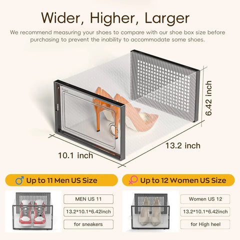 X Large Clear Stackable Shoe Storage Boxes 12 Pack Modular Shoe Organizer And Sneaker Containers displays dimensions and shoe fit.
