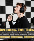 Man singing into rugged dynamic vocal microphone for singing and live performance cardioid studio mic with clear voice