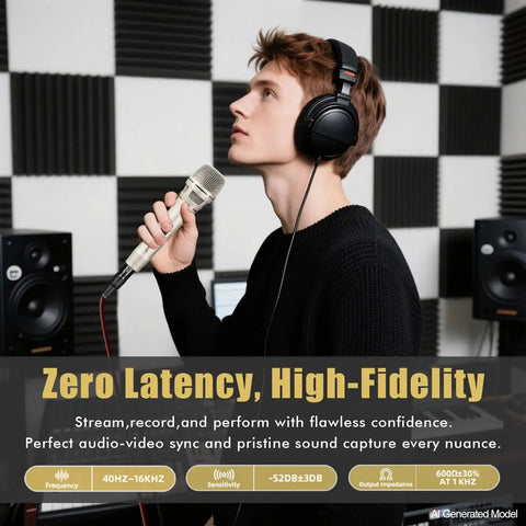 Man singing into rugged dynamic vocal microphone for singing and live performance cardioid studio mic with clear voice