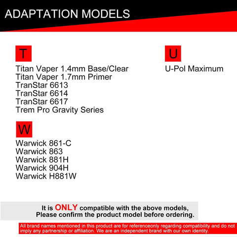 Adaptation models compatibility chart for spray gun adapters showing Titan Vaper, TranStar, and Warwick models.