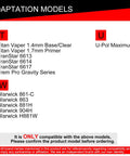 Front view of spray gun adapter compatibility chart listing Titan Vaper TranStar Trem Pro Gravity Series Warwick models