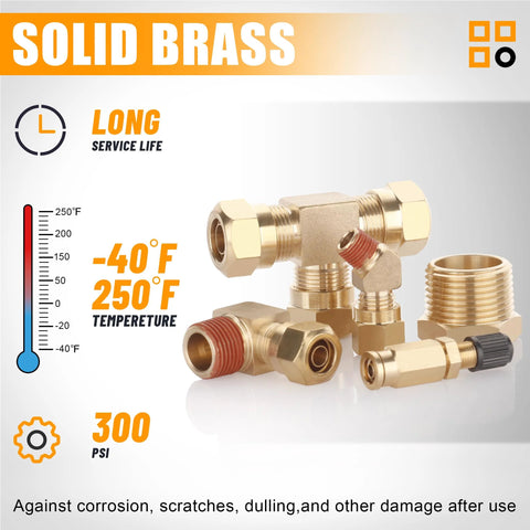 Brass DOT air brake line fittings kit, 109-piece set with multiple compression sizes for trucks and industrial systems