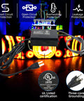 High Voltage Neon Sign Transformer Power Supply 8kV 30mA Solid State UL Listed Indoor Use Only, shown with cords and plug, neon sign background.