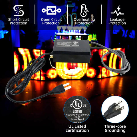 High Voltage Neon Sign Transformer Power Supply 8kV 30mA Solid State UL Listed Indoor Use Only, shown with cords and plug, neon sign background.
