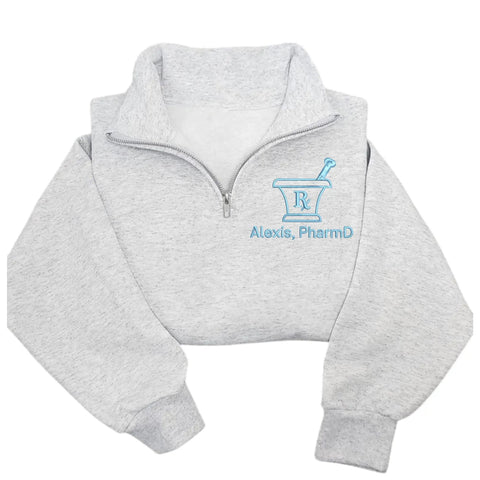 Personalized Pharmacist Quarter Zip Sweatshirt With Embroidered Name And Credentials, Rx Pullover for Pharmacy Tech, grey knit fabric