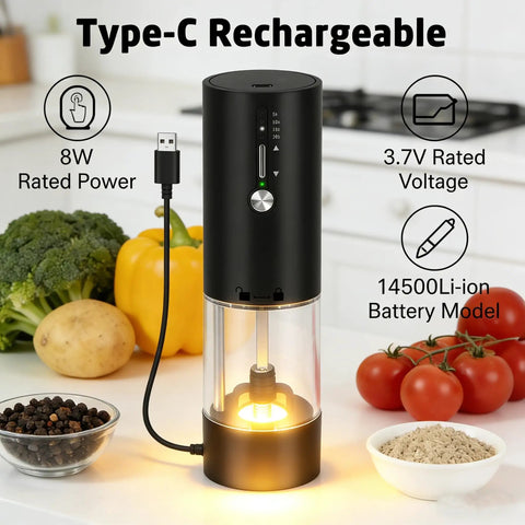 Large Capacity 118ml Electric Pepper Salt Spice Grinder With LED Light USB C Fast Charging on kitchen counter