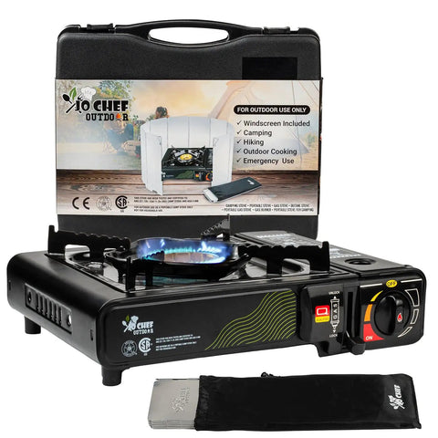 Butane Camping Stove With Windshield And Brass Burner, 9,500 BTU Portable Gas Stove for Camping And Road Trips
