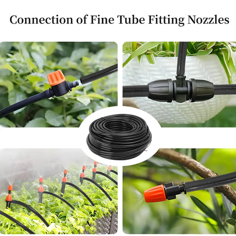 Heavy Duty Garden Drip Irrigation Hose For Greenhouse And Lawn, showing flexible black PVC tubing and nozzle connections