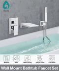 Wall Mount Bathtub Faucet With Handheld Sprayer And Waterfall Tub Filler Single Handle Chrome Finish over a bathtub filled with water