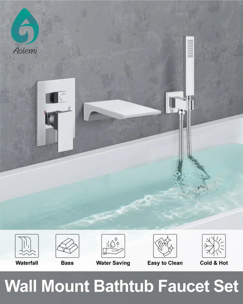 Wall Mount Bathtub Faucet With Handheld Sprayer And Waterfall Tub Filler Single Handle Chrome Finish over a bathtub filled with water