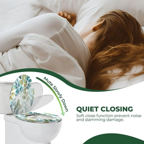 Elongated Resin Toilet Seat for Bathroom Replacement with soft close feature shown on a toilet.