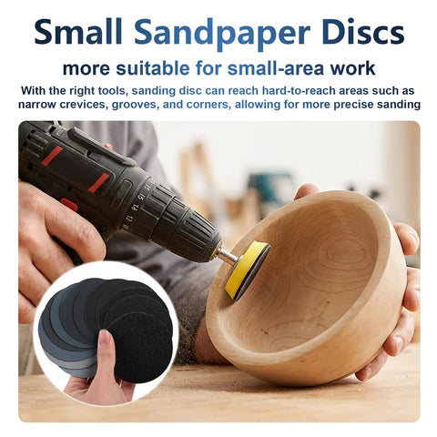 Pro Grade 3 Inch Wet Dry Sanding Discs Set With Hook And Loop Backing used on wooden bowl, shown with drill detailing