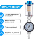 Universal One Quarter Inch Air Regulator Kit With Gauge For Pneumatic Spray Guns, showing gauge and inline filter features