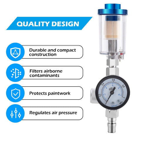 Universal One Quarter Inch Air Regulator Kit With Gauge For Pneumatic Spray Guns, showing gauge and inline filter features