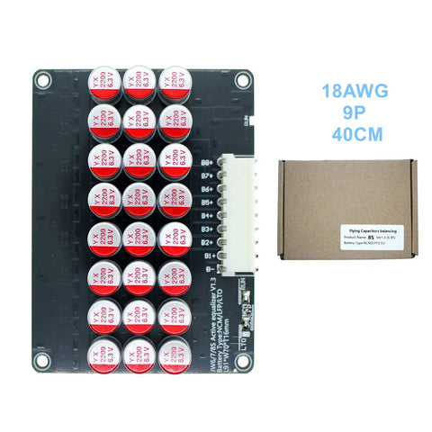 8S 5A Active Equalizer Balancer For LiPo LiFePO4 LTO Batteries 6S 7S, showing capacitors and connector, with packaging box