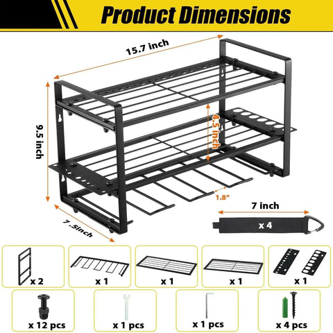 Heavy Duty 3 Tier Tool Organizer Wall Mount Set For Garage 2 Pack Cordless Drill Holder with dimensions shown