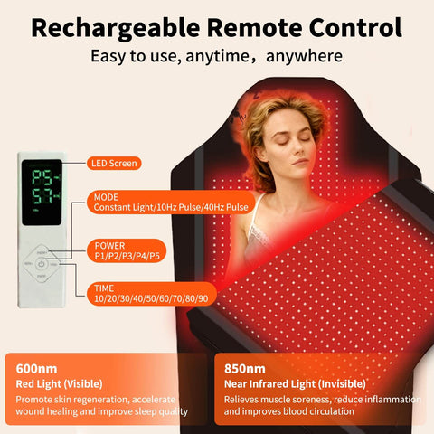 Woman using Full Body Red Light Therapy Mat With 2704 LEDs Dual Wavelength 660nm And 850nm for pain relief and wellness.