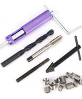 M10 x 1.25 Thread Repair Insert Kit with 12 screw sleeves, twisted drill, handle, tap, and tools for auto parts and radiators.