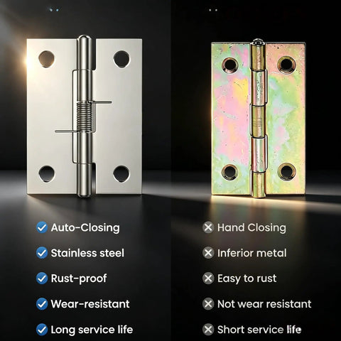 Comparison of Set Of Four 2 Inch Stainless Steel Spring Hinges Self Closing and standard hinge with features listed.