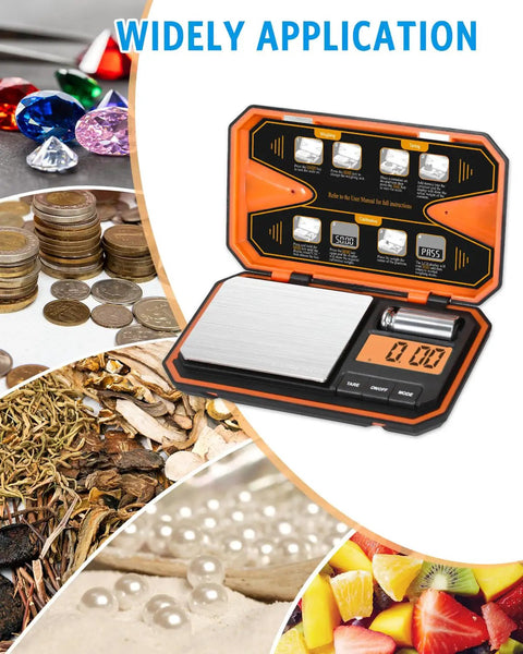 Pocket Digital Scale High Precision 500g Capacity And 0.01g Increments LCD Display with coins, jewels, and food applications