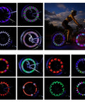 Various views of Lit LED Bike Wheel Lights For Night Rides Waterproof Spoke Lights With Batteries Included 28 RGB LEDs And 30 Pattern Modes Every 4 Seconds Twin Pack For Maximum Safety And Fun on bikes.