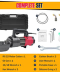 Heavy-Duty 7/8 Inch Electric Hydraulic Rebar Cutter Wielding A Roaring 1400W Pure Copper Motor with user manual and accessories.