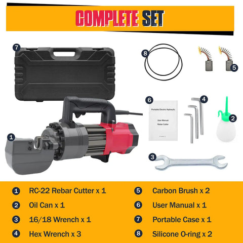 Heavy-Duty 7/8 Inch Electric Hydraulic Rebar Cutter Wielding A Roaring 1400W Pure Copper Motor with user manual and accessories.