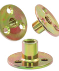 Heavy Duty 16 Pack 3/8 16 Thread Brad Hole T Nuts With Durable Galvanized Coating Screw In Fasteners Built Like A Tank For Truck Beds And Shops The Real Deal For Tightening Gear, showcasing the three threaded nuts with round bases.