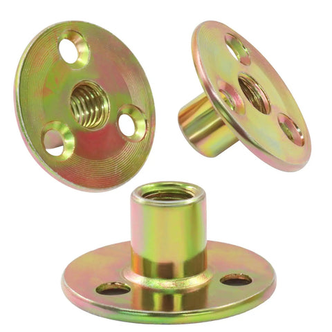 Heavy Duty 16 Pack 3/8 16 Thread Brad Hole T Nuts With Durable Galvanized Coating Screw In Fasteners Built Like A Tank For Truck Beds And Shops The Real Deal For Tightening Gear, showcasing the three threaded nuts with round bases.